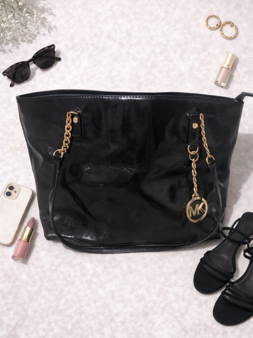 Michael Kors Black Patent Tote with Gold MK Charm
